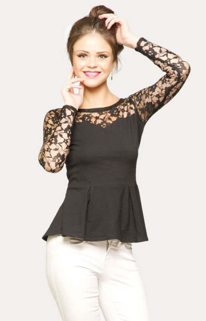 MISS CHASE | Women's Black Viscose SolidCasualwear Peplum Top
