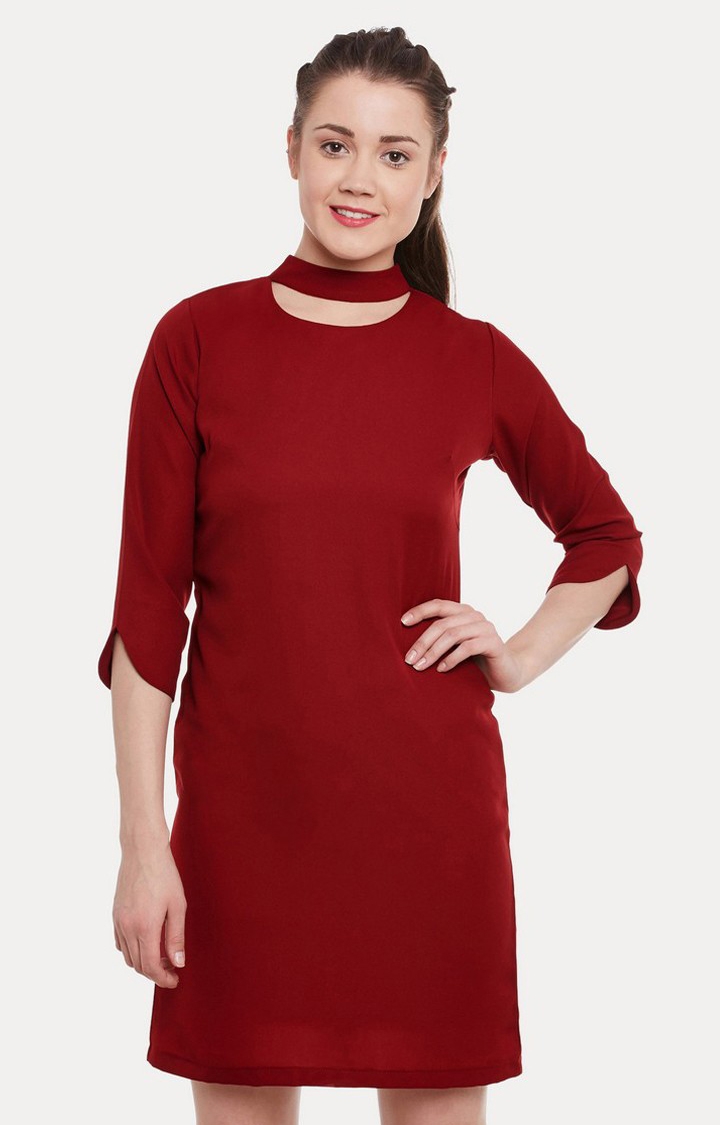 Women's Red Polyester SolidCasualwear Shift Dress