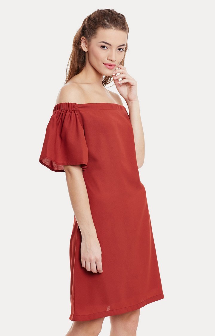 Women's Red Polyester SolidEveningwear Off Shoulder Dress