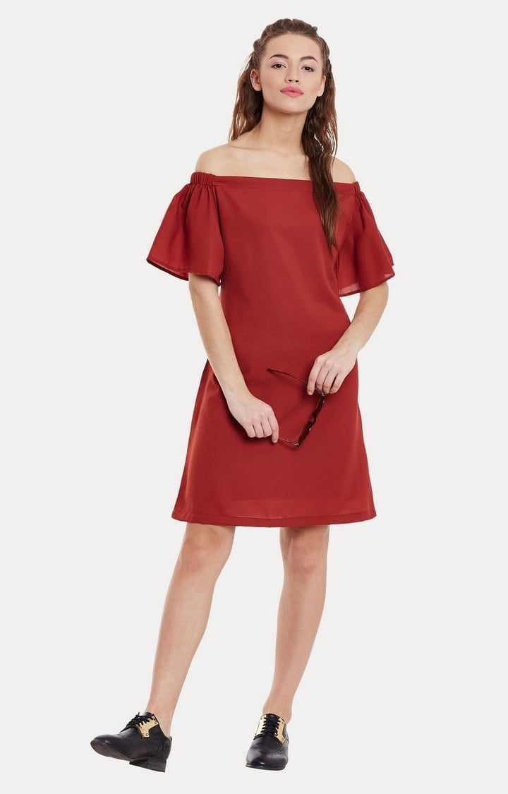 Women's Red Polyester SolidEveningwear Off Shoulder Dress