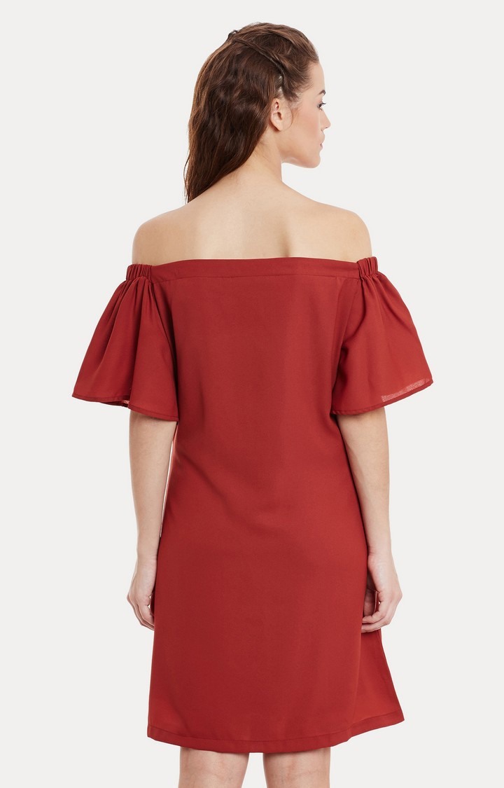 Women's Red Polyester SolidEveningwear Off Shoulder Dress