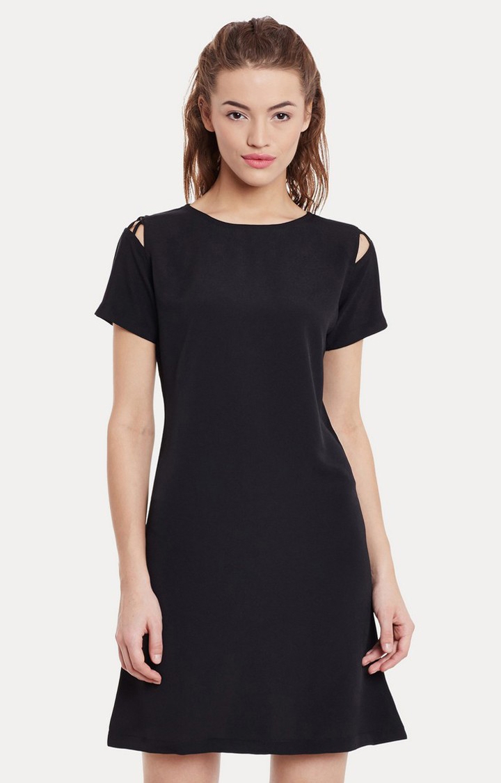 Women's Black Polyester SolidCasualwear Fit & Flare Dress
