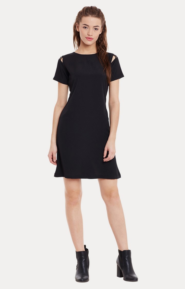 MISS CHASE | Women's Black Solid Fit & Flare Dress 1