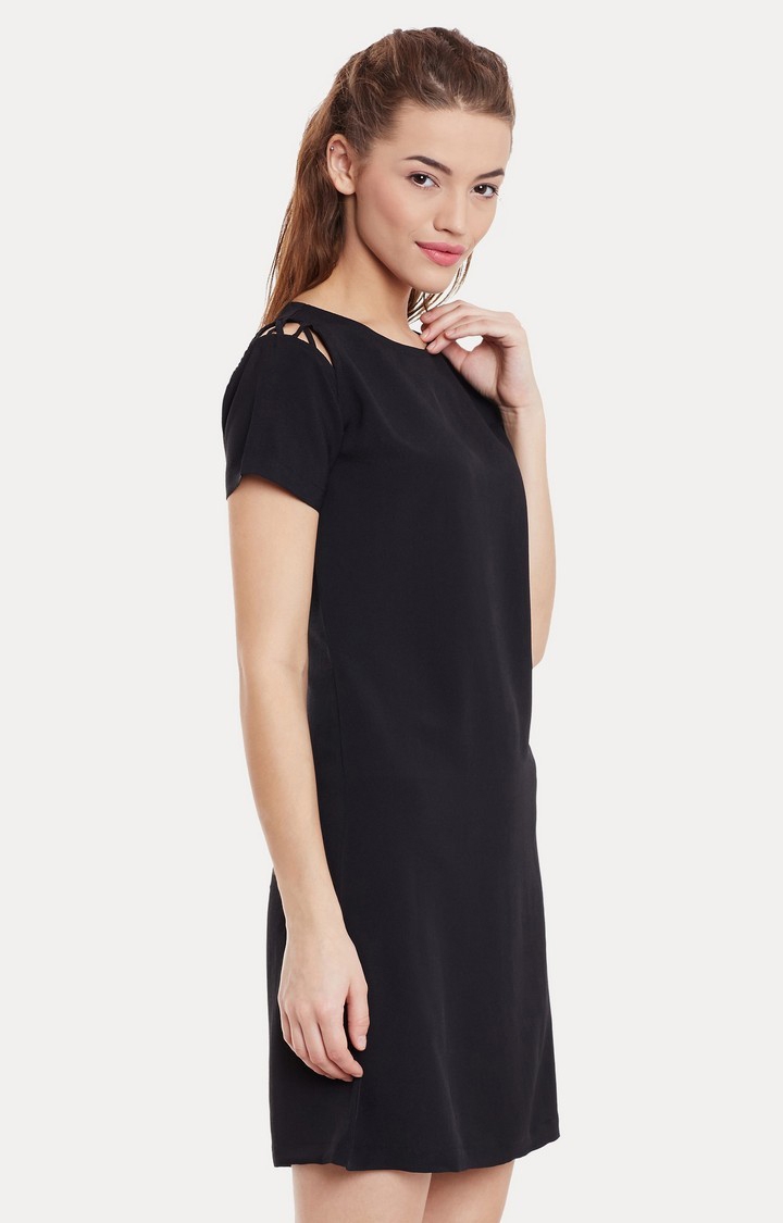 Women's Black Polyester SolidCasualwear Fit & Flare Dress