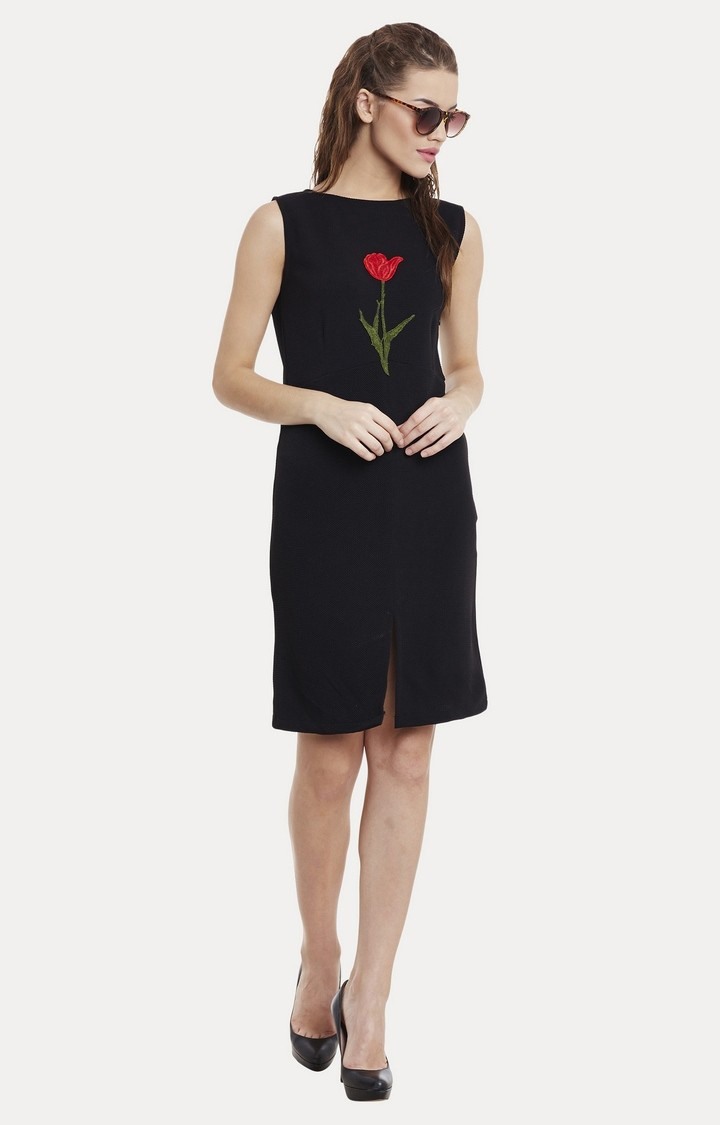 Women's Black Polyester SolidEveningwear Sheath Dress