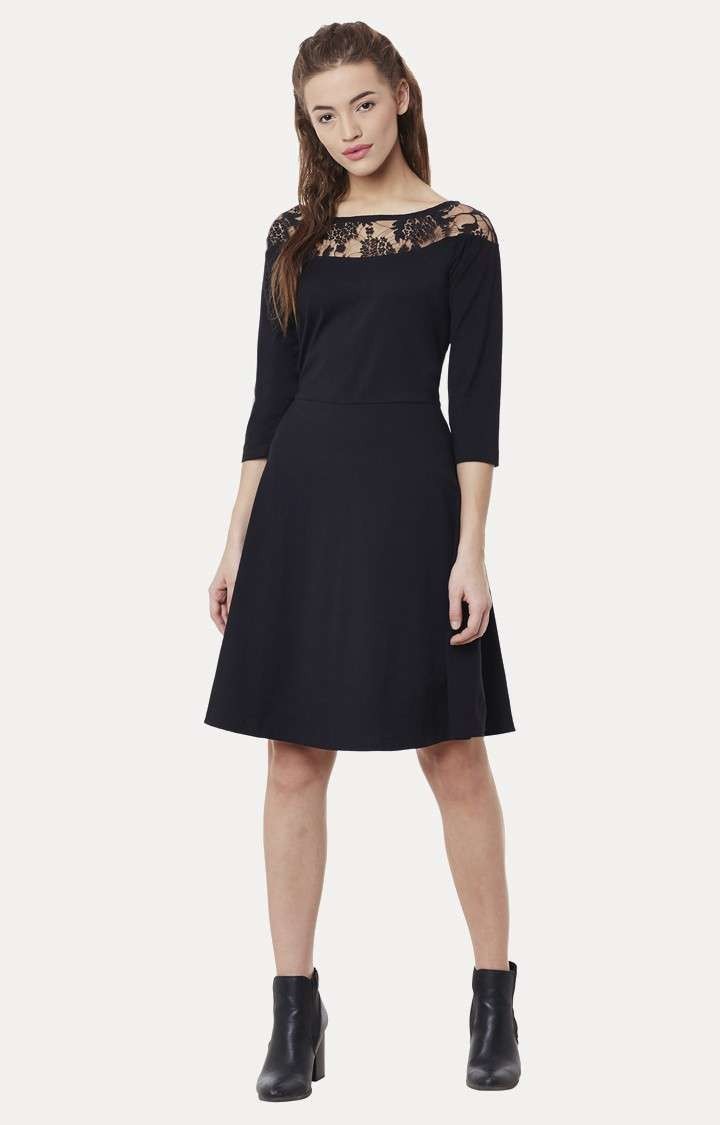 Women's Black Viscose SolidCasualwear Skater Dress