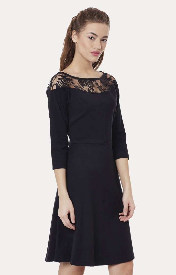 Women's Black Viscose SolidCasualwear Skater Dress