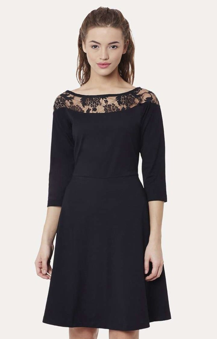 MISS CHASE | Women's Black Viscose SolidCasualwear Skater Dress