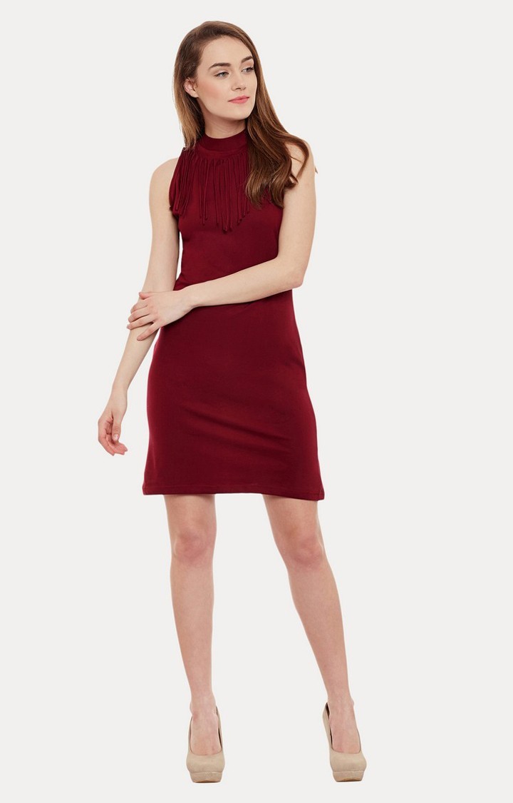 Women's Red Viscose SolidEveningwear Sheath Dress