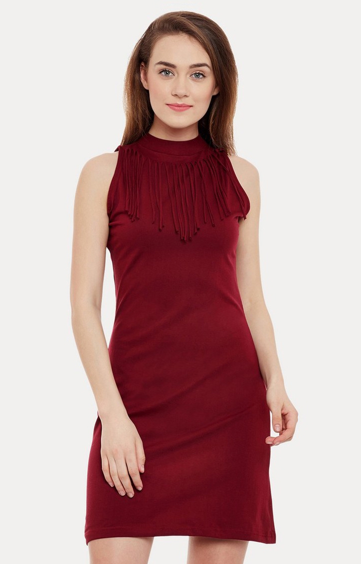 Women's Red Viscose SolidEveningwear Sheath Dress