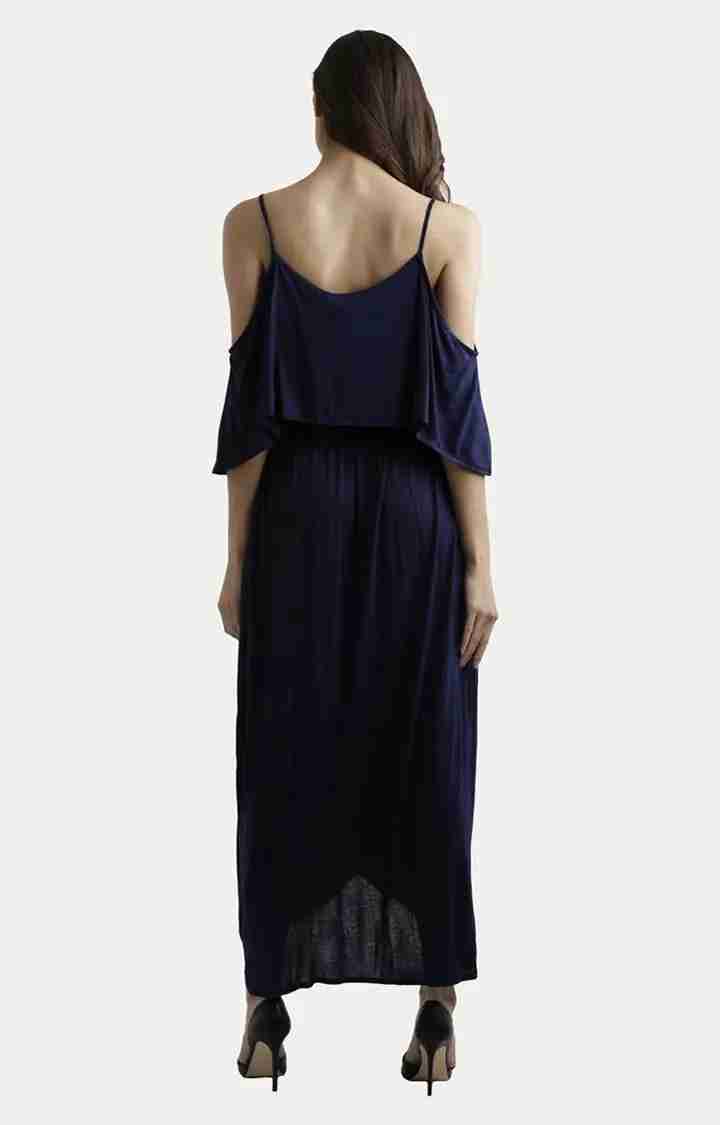 Women's Blue Viscose SolidEveningwear Maxi Dress