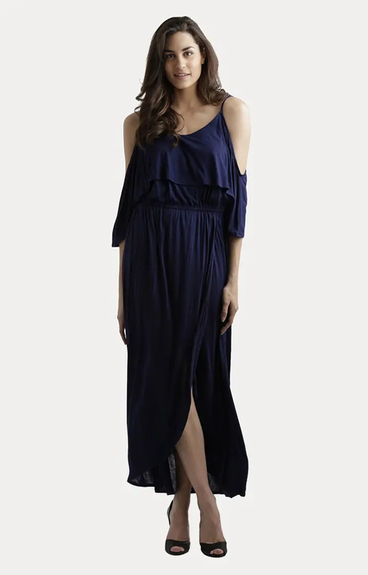 MISS CHASE | Women's Blue Viscose SolidEveningwear Maxi Dress