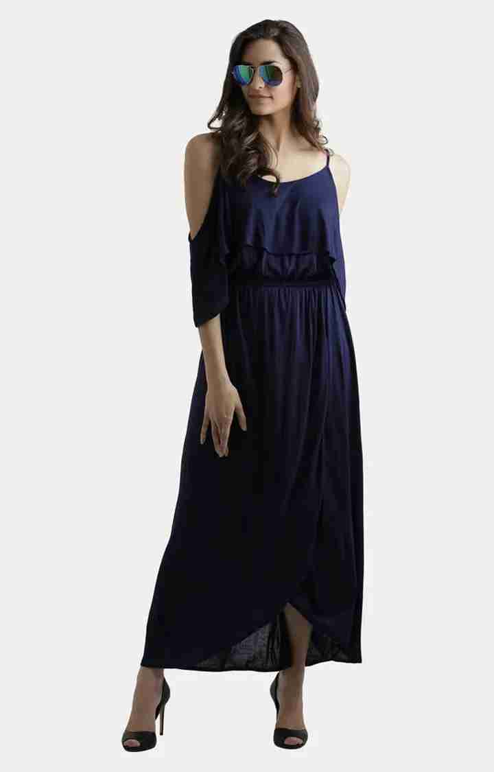 Women's Blue Viscose SolidEveningwear Maxi Dress