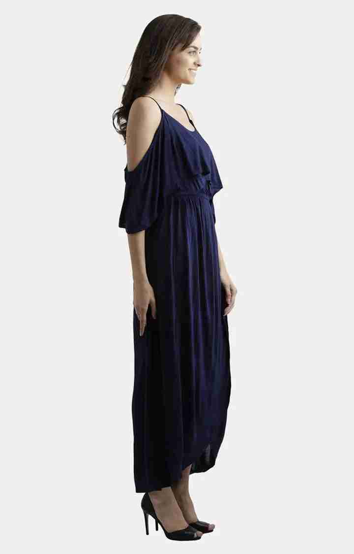 Women's Blue Viscose SolidEveningwear Maxi Dress