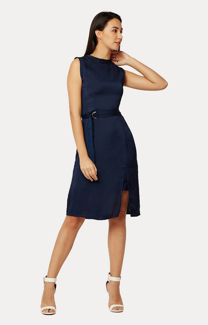 Women's Blue Satin SolidCasualwear Sheath Dress