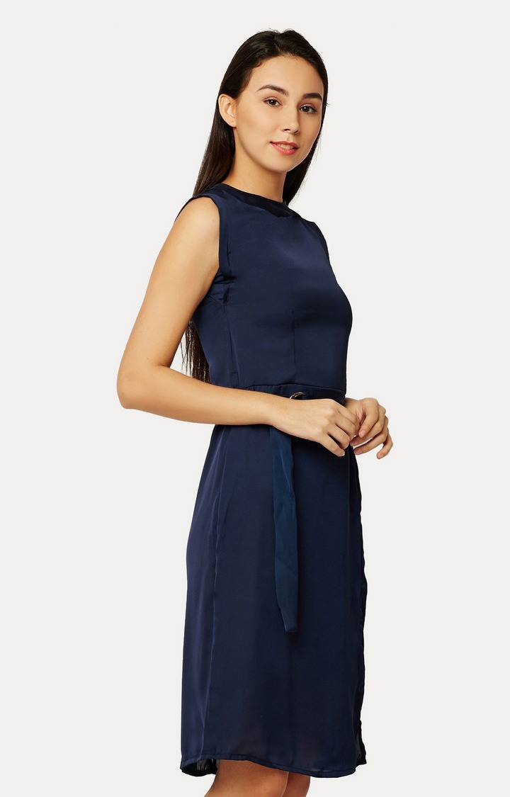 Women's Blue Satin SolidCasualwear Sheath Dress