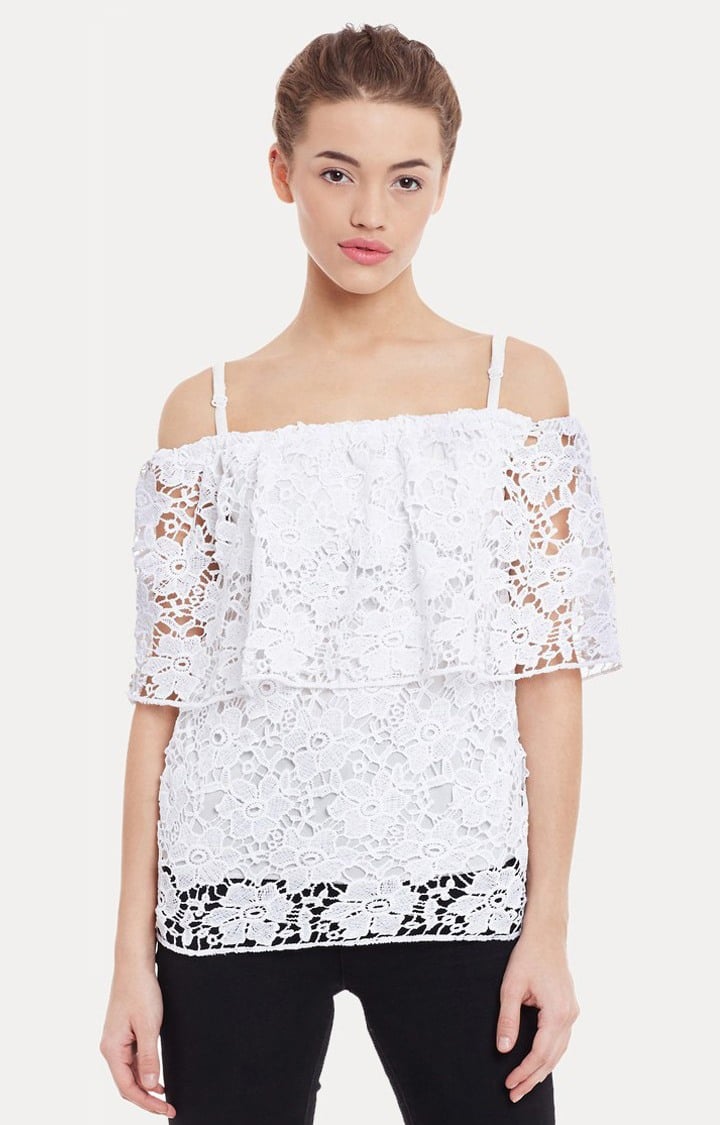 MISS CHASE | Women's White Polyester SolidCasualwear Off Shoulder Top