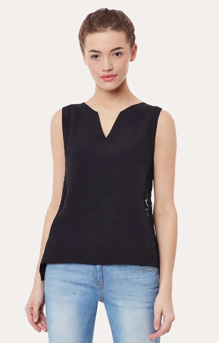 MISS CHASE | Women's Black Polyester SolidCasualwear Tops