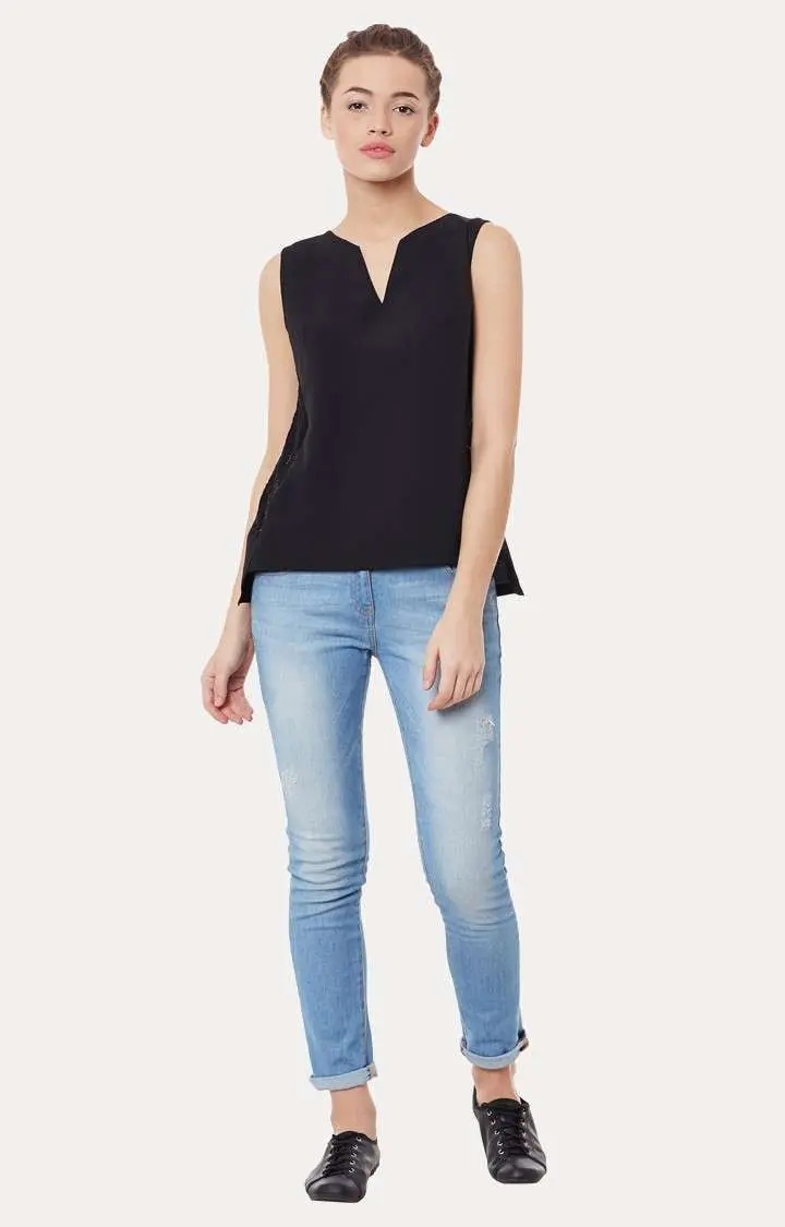 Women's Black Polyester SolidCasualwear Tops