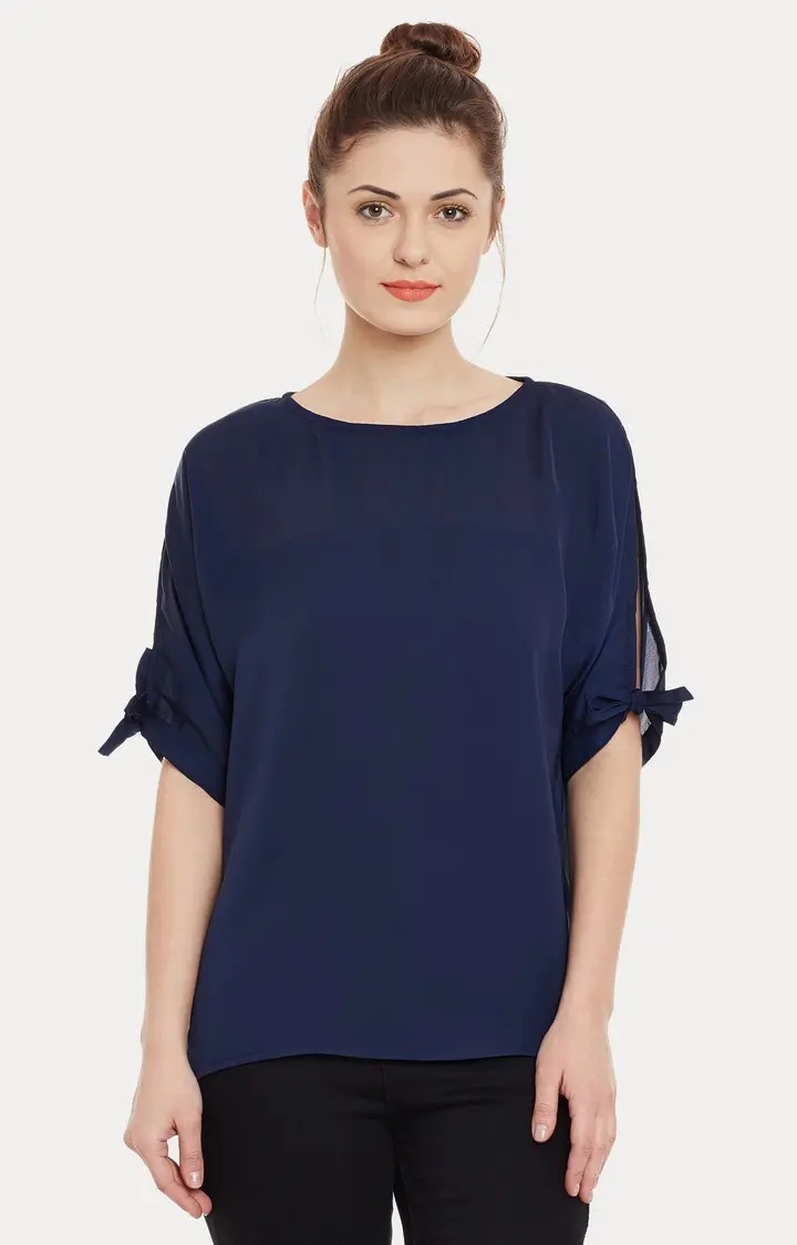 MISS CHASE | Women's Blue Satin SolidCasualwear Tops