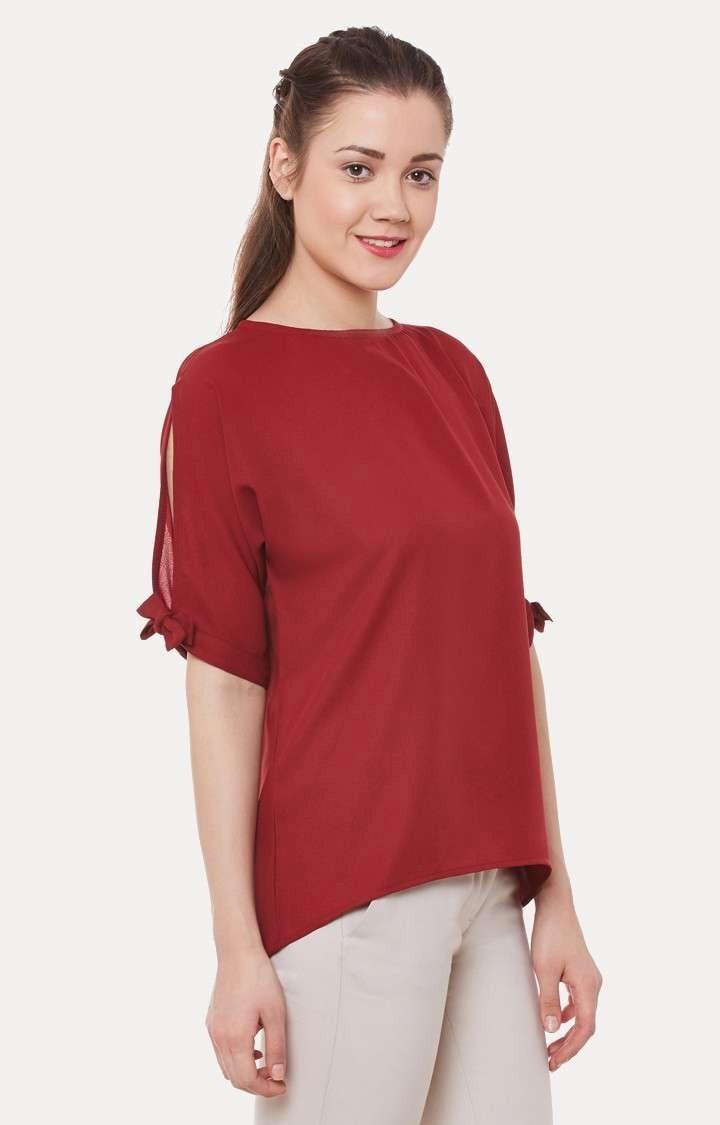 Women's Red Polyester SolidCasualwear Tops