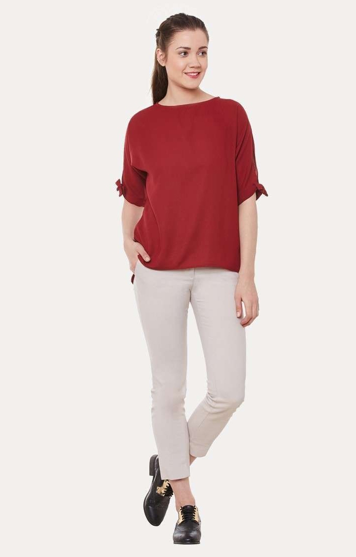 Women's Red Polyester SolidCasualwear Tops