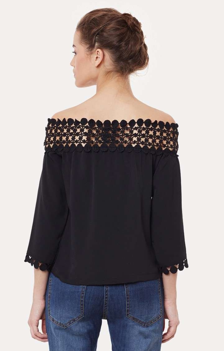 Women's Black Polyester SolidCasualwear Off Shoulder Top