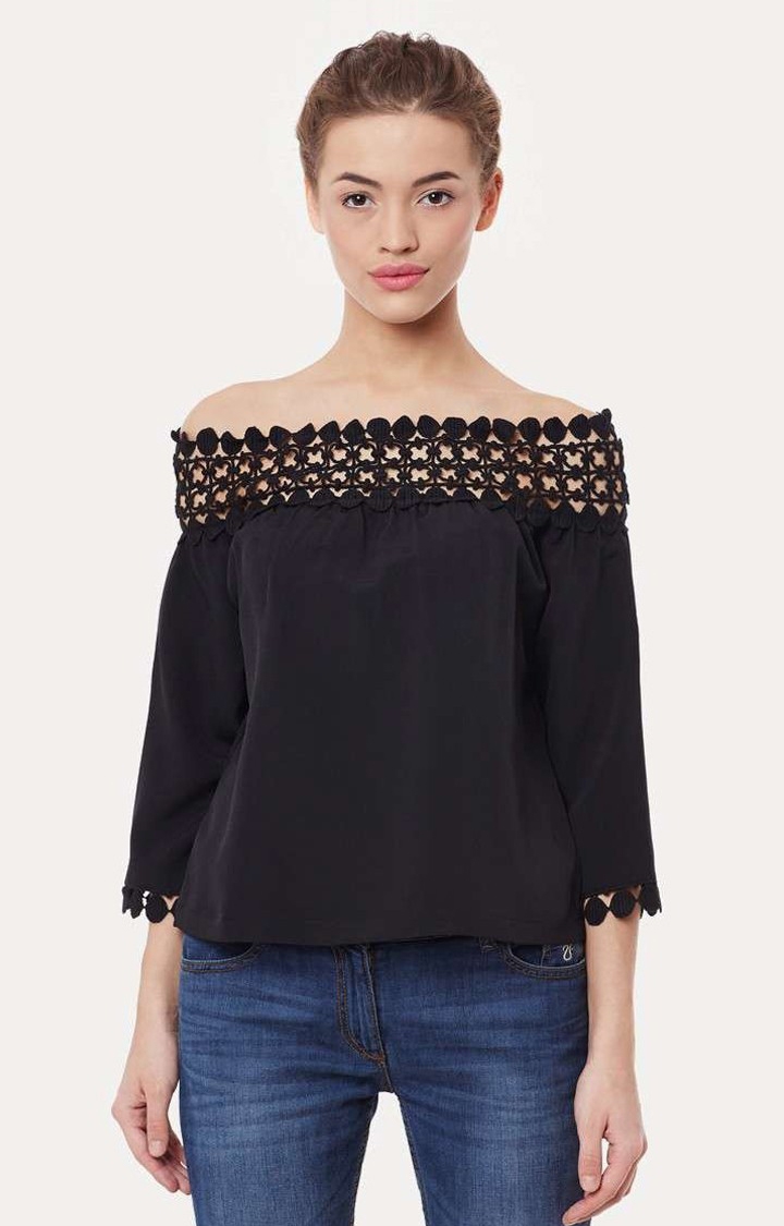 MISS CHASE | Women's Black Polyester SolidCasualwear Off Shoulder Top