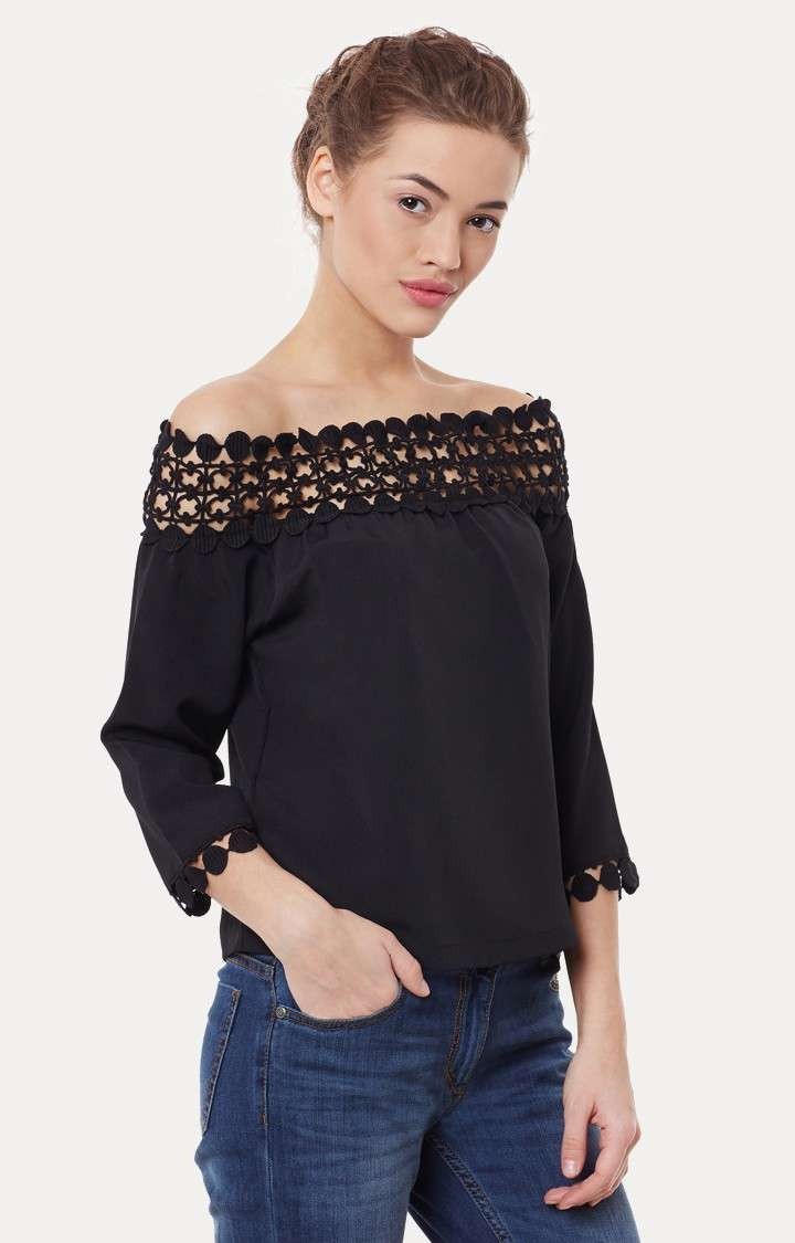 Women's Black Polyester SolidCasualwear Off Shoulder Top