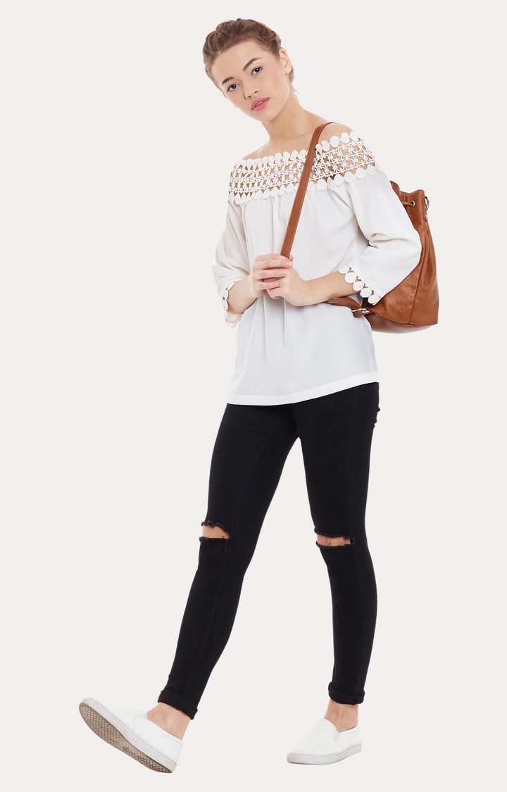 Women's White Chiffon SolidCasualwear Off Shoulder Top