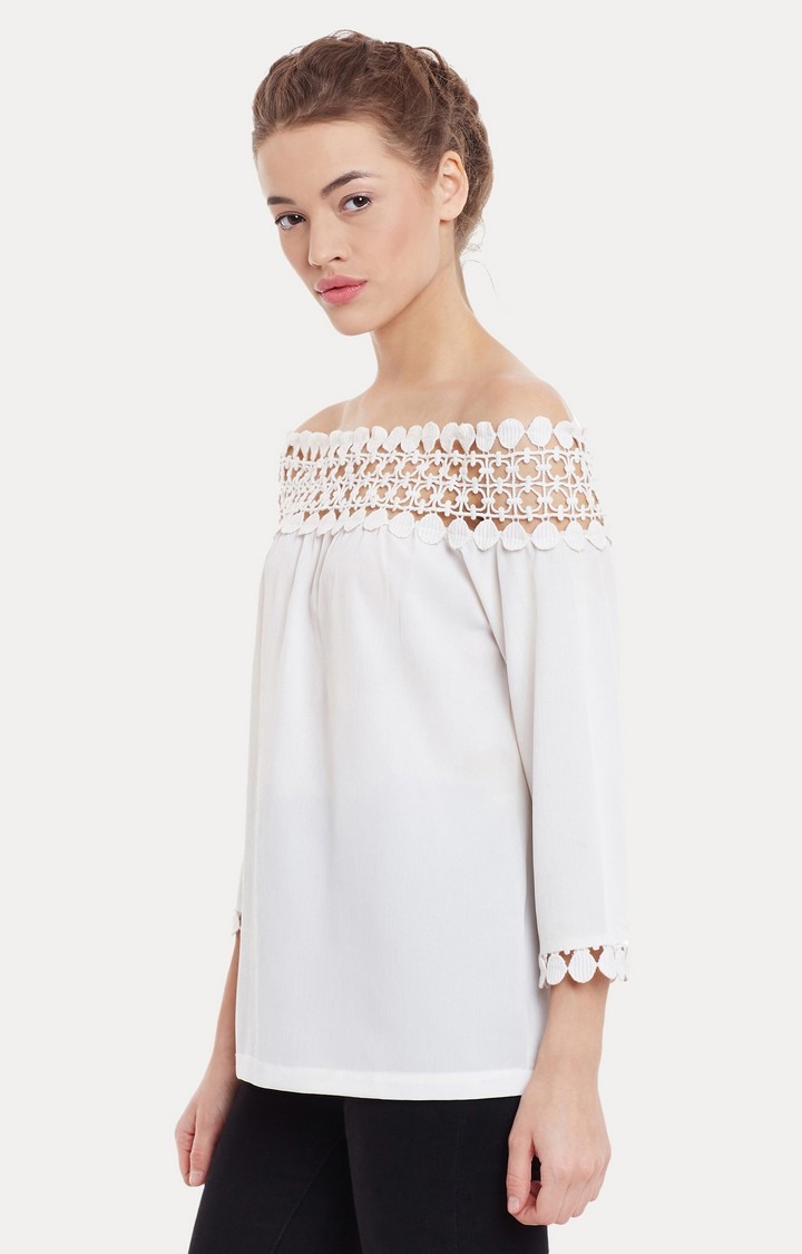 Women's White Chiffon SolidCasualwear Off Shoulder Top