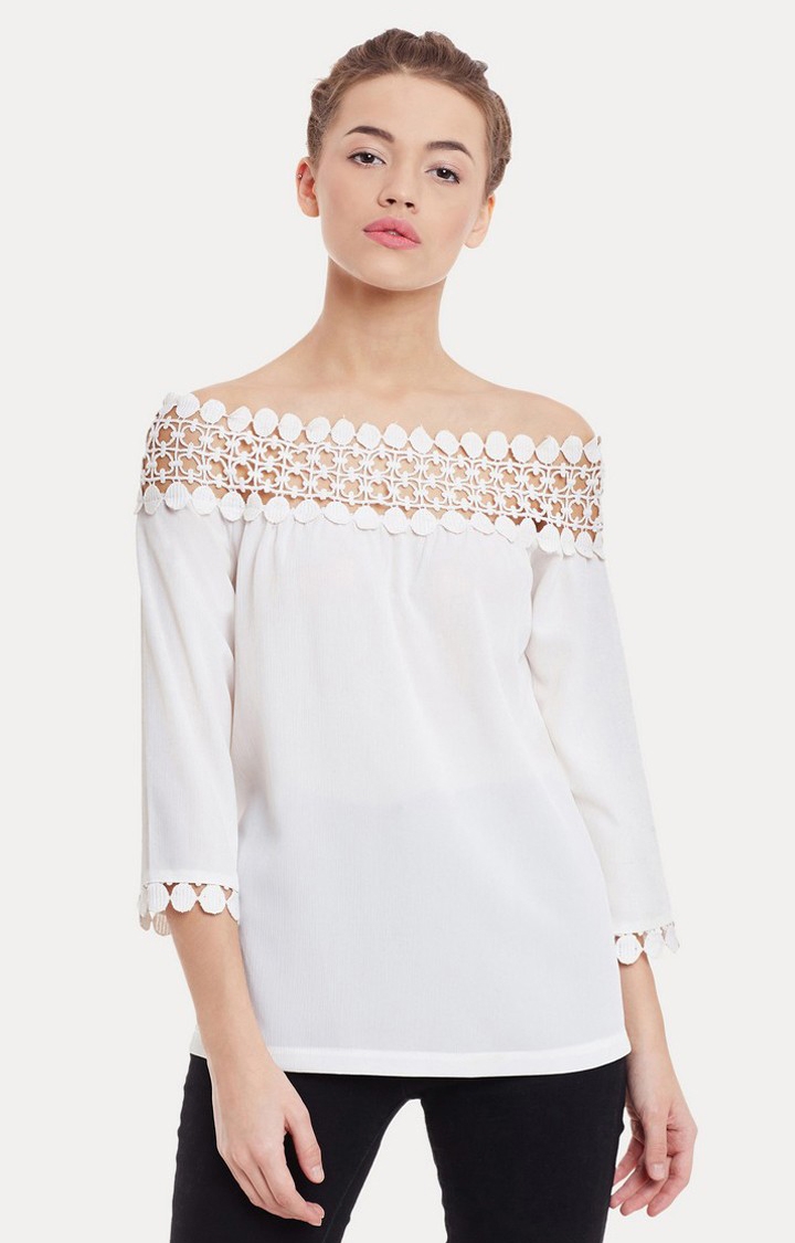 MISS CHASE | Women's White Chiffon SolidCasualwear Off Shoulder Top