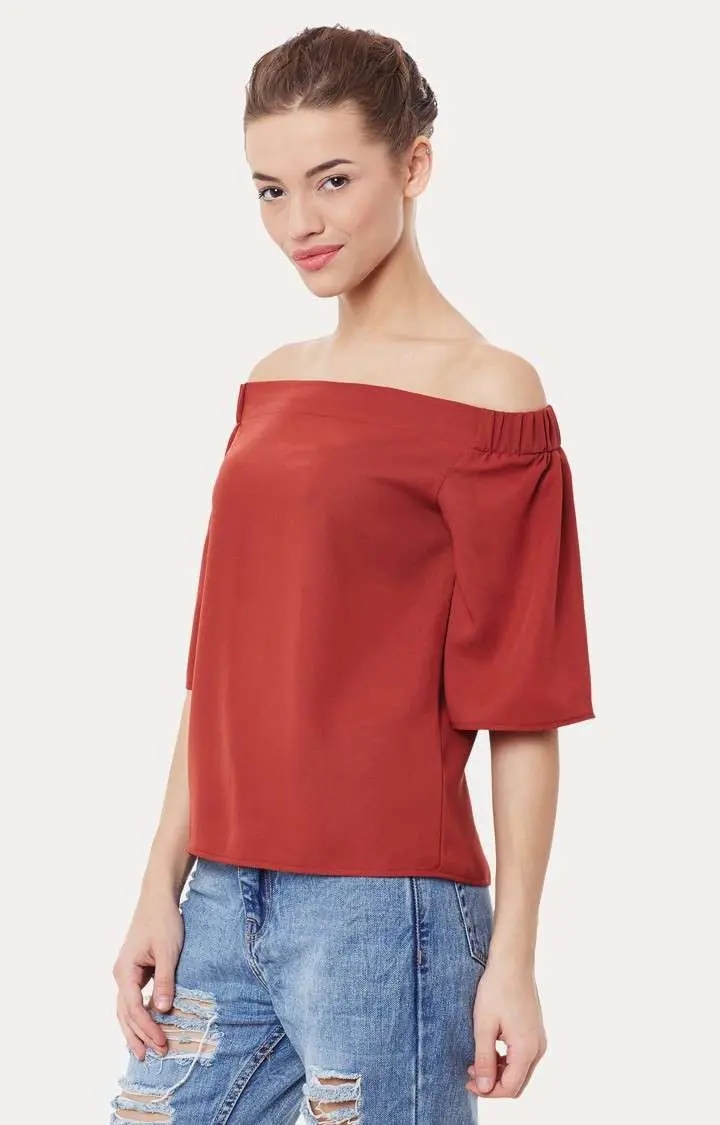 Women's Red Polyester SolidCasualwear Off Shoulder Top