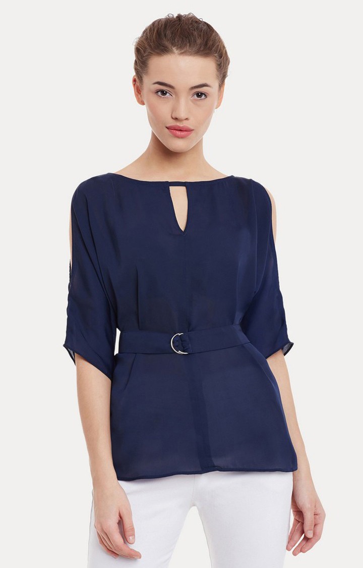 MISS CHASE | Women's Blue Satin SolidCasualwear Peplum Top