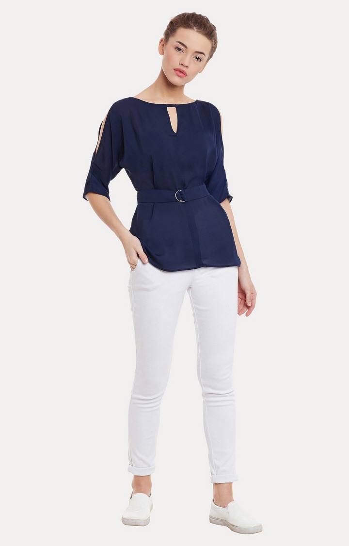 Women's Blue Satin SolidCasualwear Peplum Top