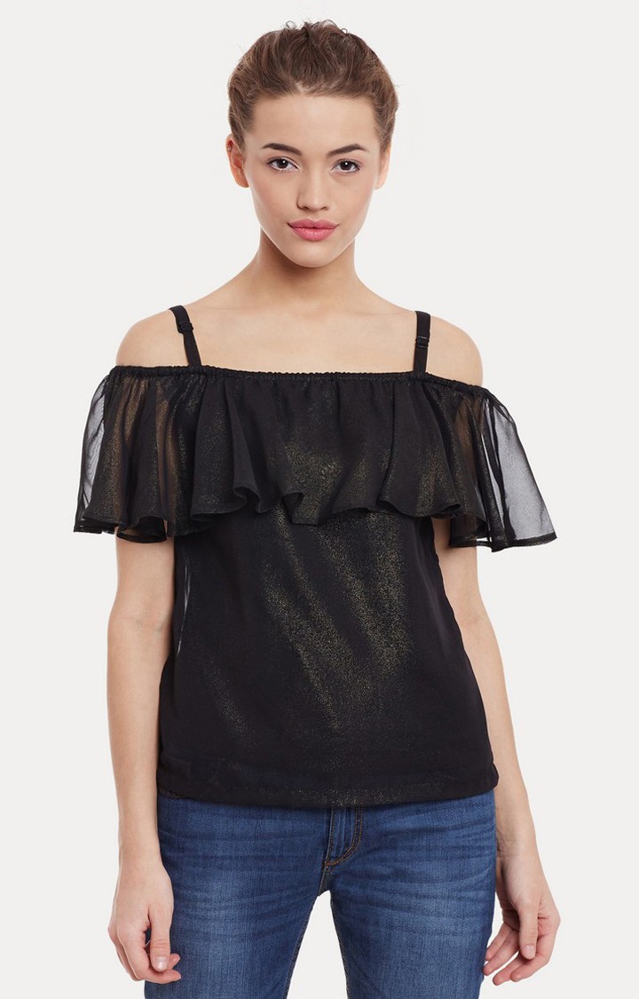 MISS CHASE | Women's Black Georgette SolidCasualwear Off Shoulder Top