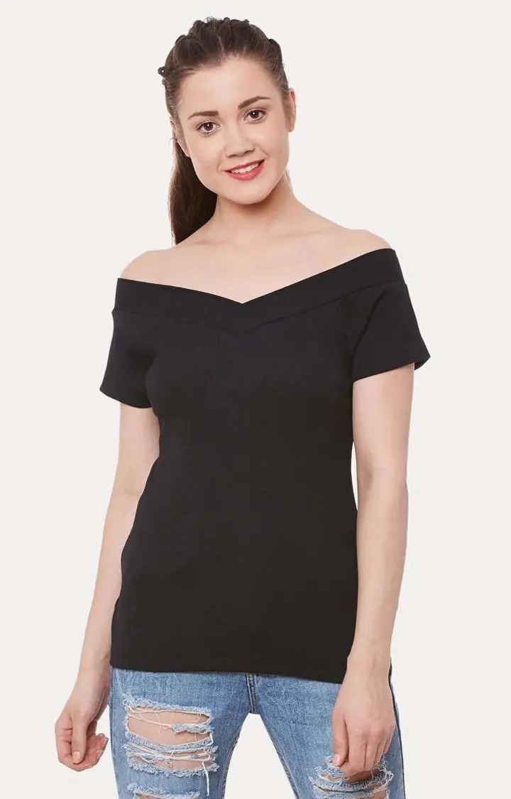 MISS CHASE | Women's Black Viscose SolidCasualwear Off Shoulder Top