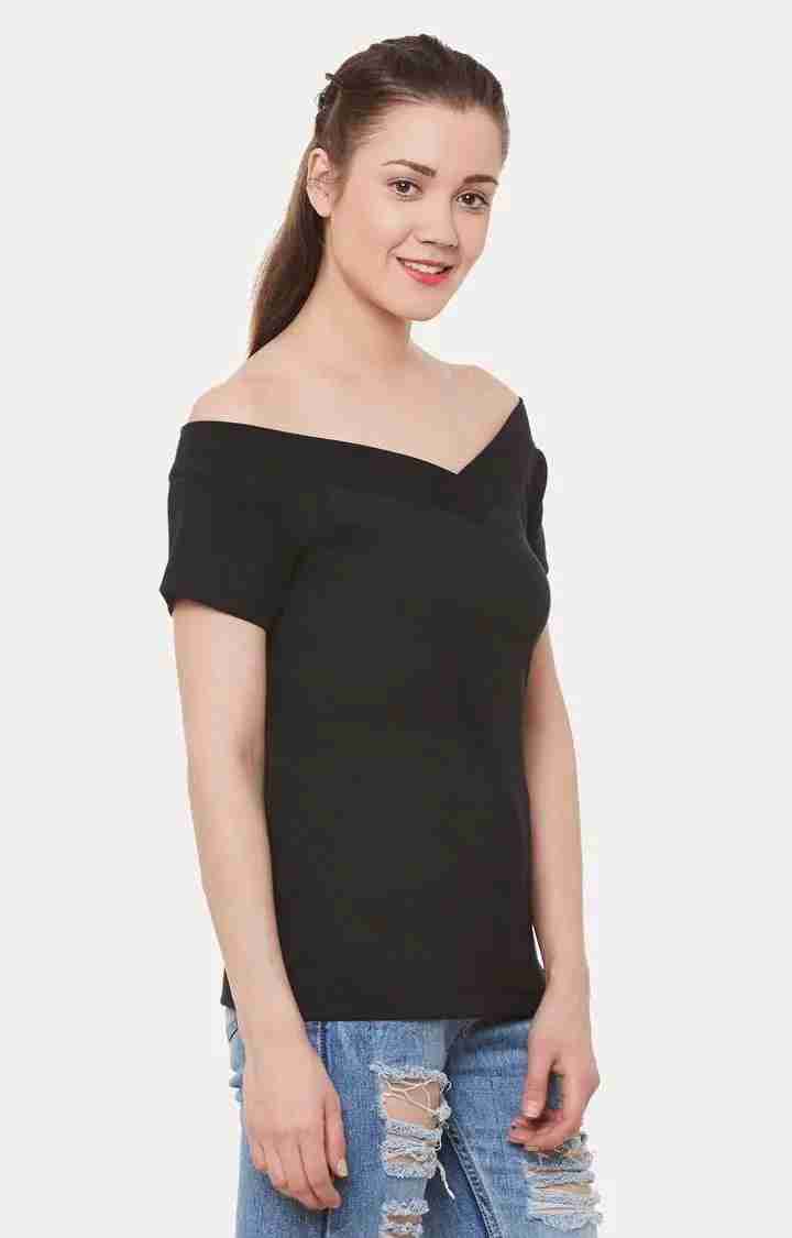 Women's Black Viscose SolidCasualwear Off Shoulder Top