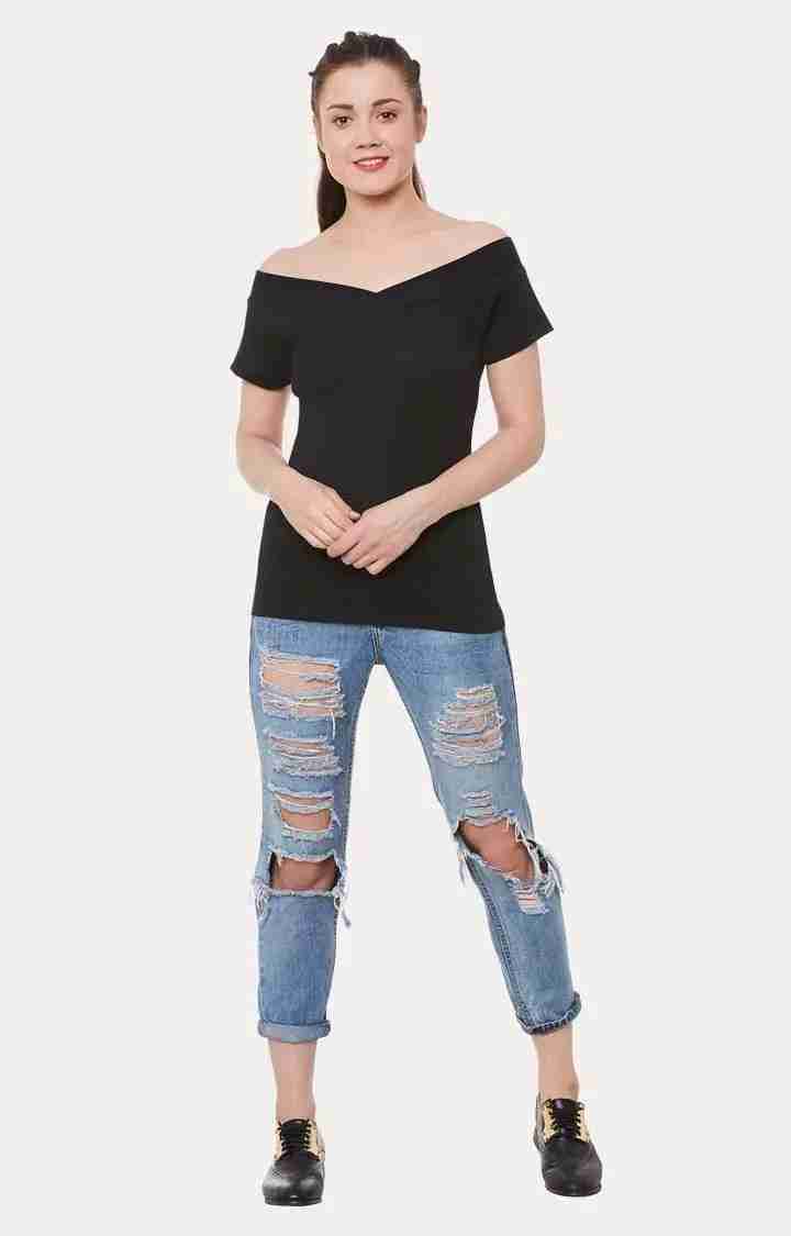 Women's Black Viscose SolidCasualwear Off Shoulder Top