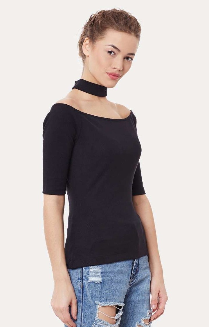 Women's Black Viscose SolidCasualwear Tops