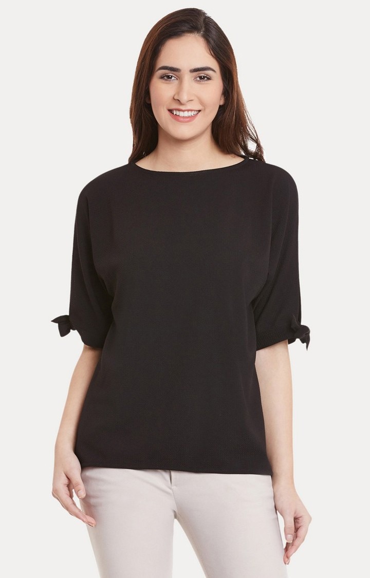 MISS CHASE | Women's Black Polyester SolidCasualwear Tops