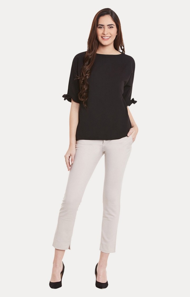 Women's Black Polyester SolidCasualwear Tops