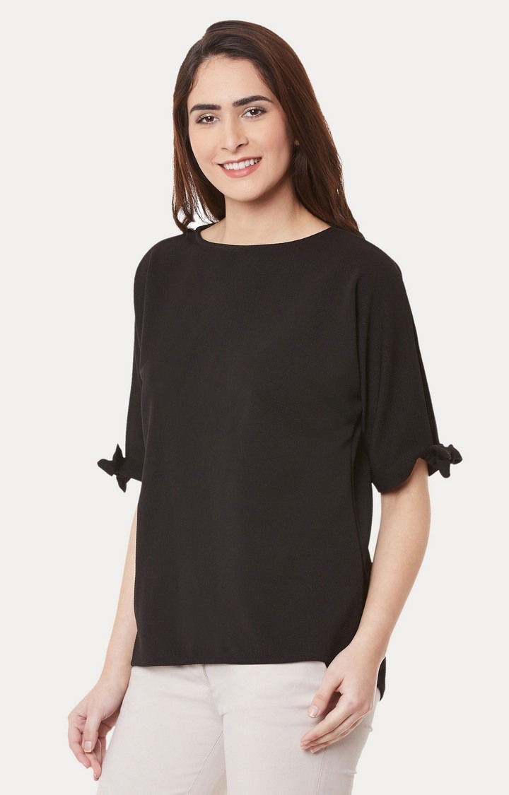 Women's Black Polyester SolidCasualwear Tops