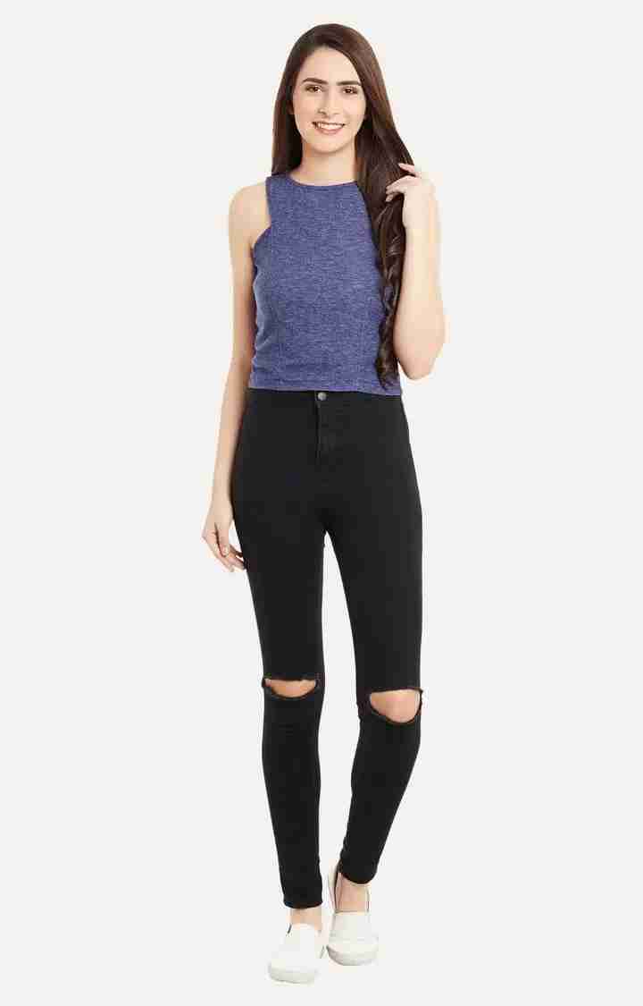 Women's Blue Viscose MelangeCasualwear Crop Top