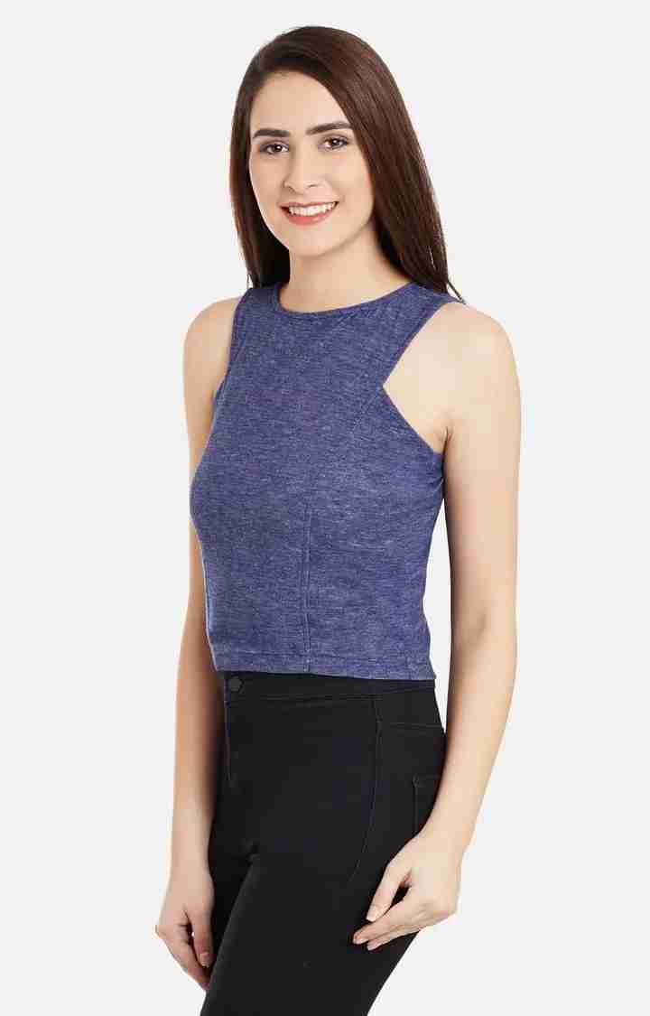 Women's Blue Viscose MelangeCasualwear Crop Top