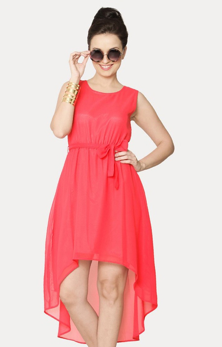 MISS CHASE | Women's Orange Cotton SolidEveningwear Asymmetric Dress