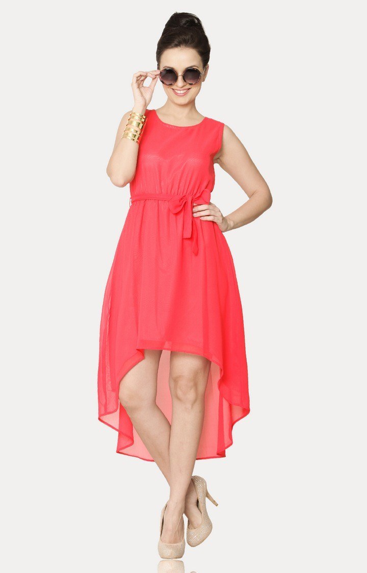 Women's Orange Cotton SolidEveningwear Asymmetric Dress