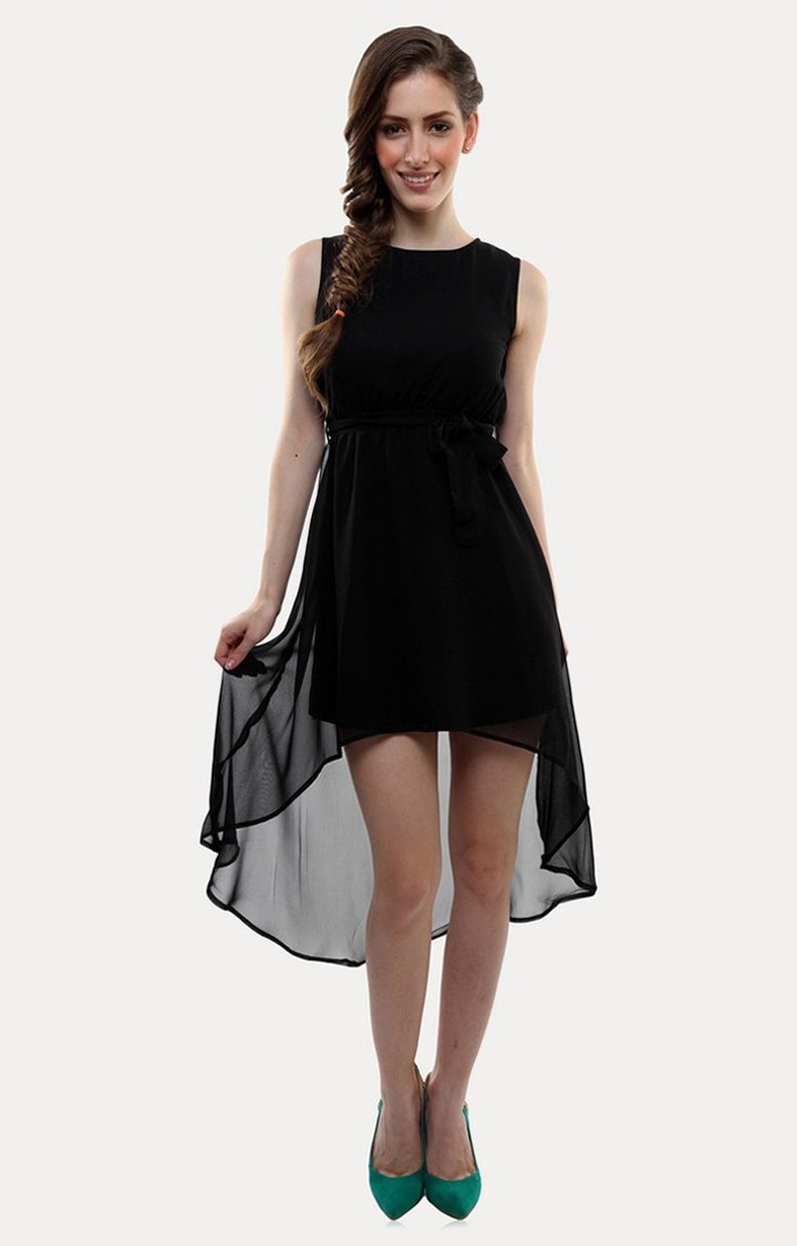 MISS CHASE | Women's Black Cotton SolidEveningwear Asymmetric Dress