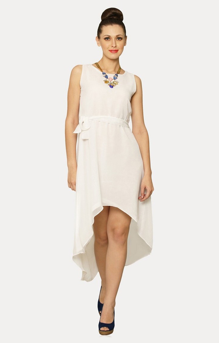 Women's White Solid Asymmetric Dress