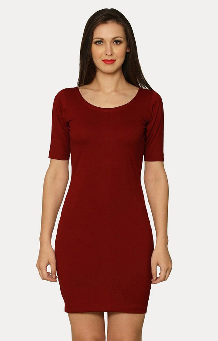 MISS CHASE | Women's Red Viscose SolidCasualwear Bodycon Dress